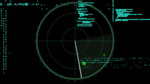 Scan line starting sweep over radar grid while pulsing blip streaming code Stock Footage 314409299