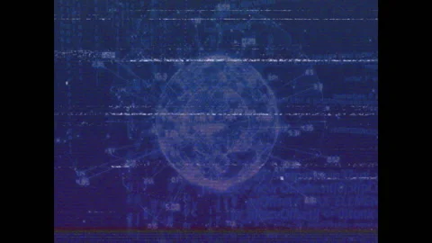 Scan line starting wireframe globe rotating with labels shifting and glitch Video stock 312116169