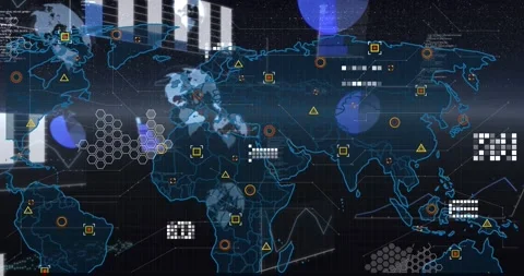 Scan line sweeping, cyan map loading HUD, filling hex clusters, scrolling code Stock Footage 331166032