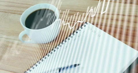 Scan lines appearing over desk overlaying line chart rising above notebook, mug Stock Footage 318499230