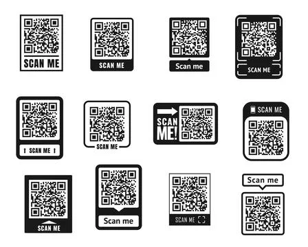 Scan me QR code sticker, phone barcode icons Illustrazione stock