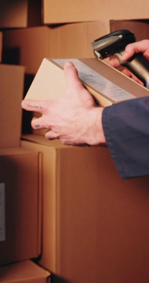 Scan, parcel and hands of delivery man with barcode, label and receipt for Stock Footage 342218347