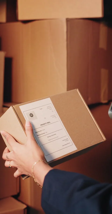 Scan, parcel and hands of delivery woman with barcode, label or receipt for Stock Footage 342218998