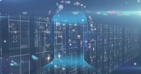 Scan pulse initiating 3D head rotating with markers orbiting and pulsing, Stock Footage 328584774