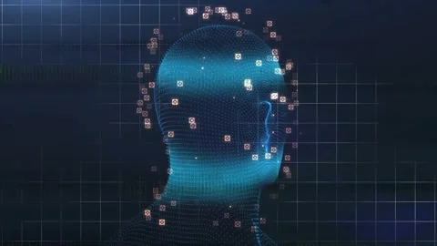 Scan pulse starting, blue point-cloud head rotating right while green bands Stock Footage 334337902