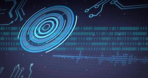 Scan pulse starting HUD rings rotating and pulsing as binary stream growing 스톡 일러스트