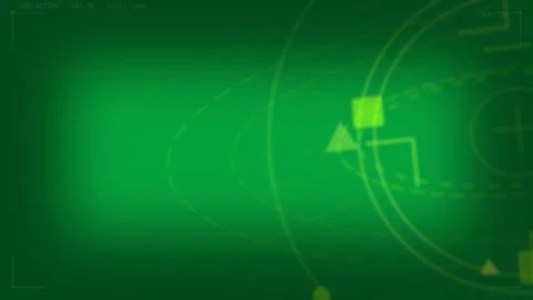 Scan pulse starting neon icons orbiting dashed lanes joining on reticle for Stock Footage 334118693