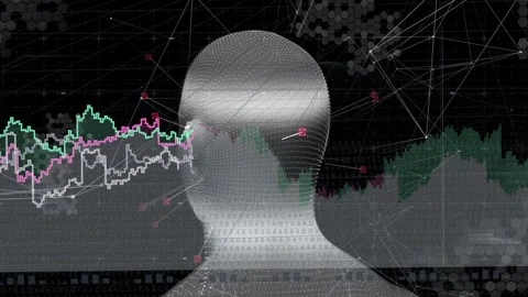 Scan pulse starting wire mesh head turning while data bands sliding, markers Stock Footage 334724892