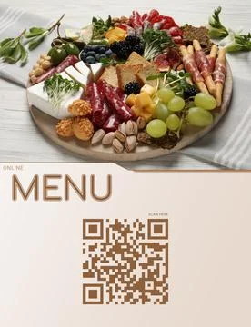 Scan QR code for contactless menu. Different tasty appetizers on white wooden Foto stock