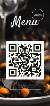 Scan QR code for contactless menu. Tasty cooked mussels on plate, closeup Foto stock