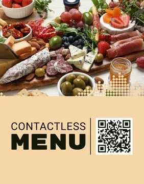 Scan QR code for contactless menu. Set of different delicious appetizers serv Stock Photos