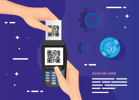 Scan qr code with hands using dataphone Stock Illustration
