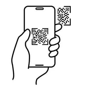 Scan qr code icon, payment hand with phone, scanner app, thin line symbol on Illustrazione stock