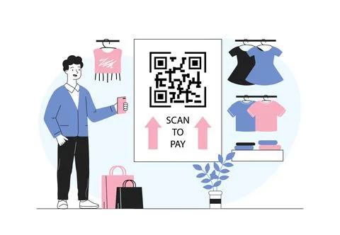 Scan QR code to pay. Man with smartphone scans shortened link. Cashless Stock Illustration