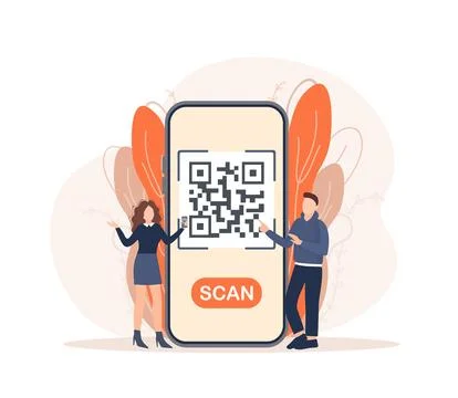 Scan qr code people, great design for any purposes. 3d vector background. Flat Stock Illustration