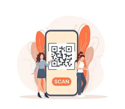 Scan qr code people, great design for any purposes. 3d vector background. Flat Stock Illustration