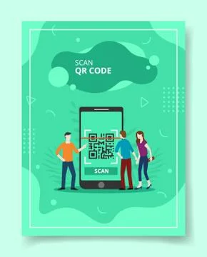 Scan qr code people standing front giant smartphone for template of banners Stock Illustration