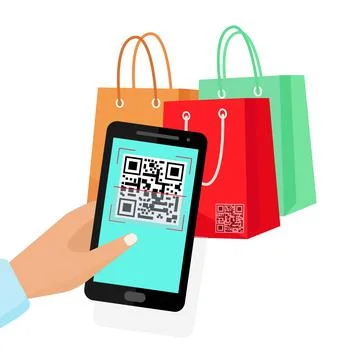 Scan QR code to phone. Shopping with qr code. Vector Stock Illustration