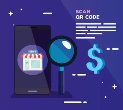 Scan qr code with smartphone and magnifying glass Stock Illustration