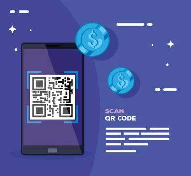Scan qr code with smartphone and coins Stock-Illustration