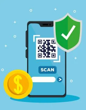 Scan qr code with smartphone and coin Stock Illustration