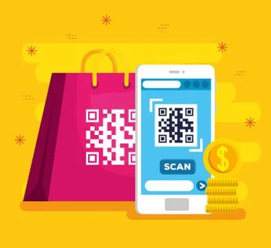 Scan qr code with smartphone and bag shopping 库存插图