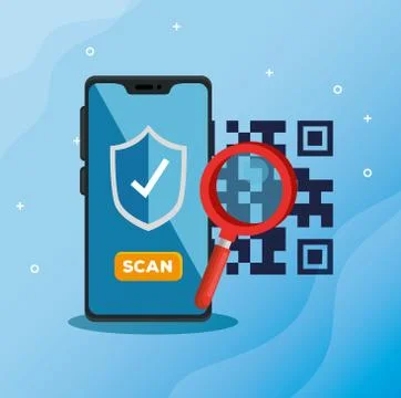 Scan qr code with smartphone and magnifying glass Illustrazione stock