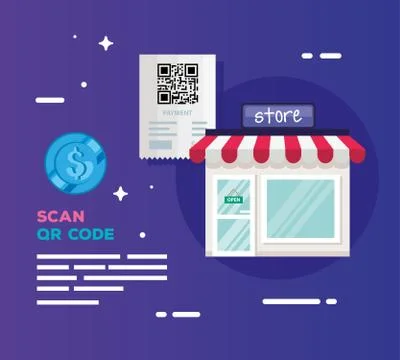 Scan qr code with store facade and voucher Stock-Illustration