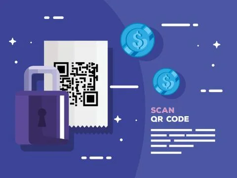 Scan qr code in voucher paper with padlock and coins Illustrazione stock