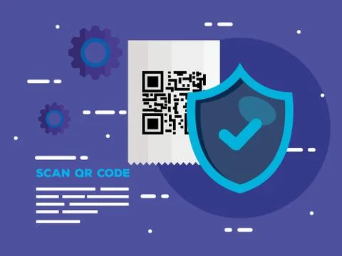 Scan qr code in voucher paper with shield and gears Stock Illustration