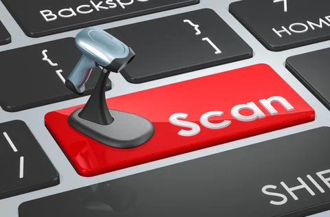 Scan red key. Barcode reader on keyboard. 3D rendering Stock Illustration