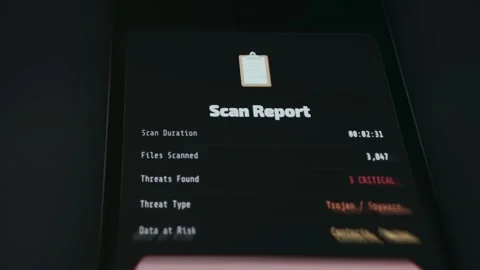 Scan Report showing 3 identified Critical Threats classified as Trojan Spyware Video stock 335865827