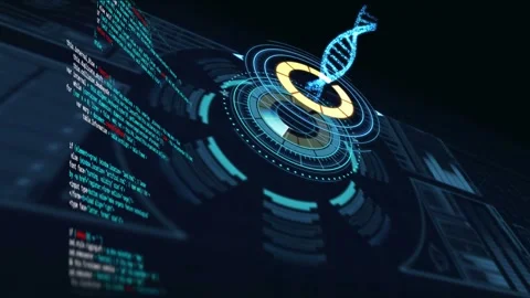 On scan start, 3D circular HUD animating, rings rotating, helix rising Stock Footage 334337773