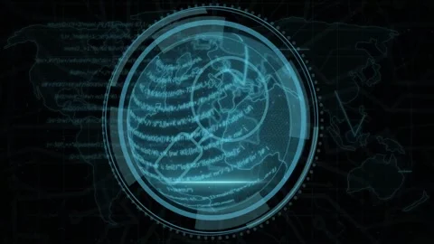 On scan start, cyan globe rotating in dark HUD, magnifier inspecting code for Stock Footage 331160883