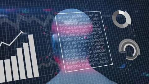 On scan start synthetic 3D head rotating, sensors appearing, charts updating for Stock Footage 335740004