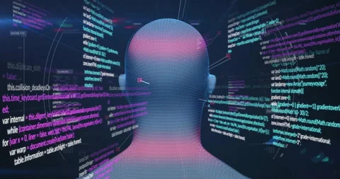 On scan start system scanning 3D mesh head while code panels rotating 360-degree Stock Footage 310282816