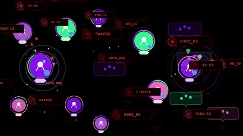 On scan starting, avatar node cluster pulsing, connecting and flashing labels Stock Footage 335404334