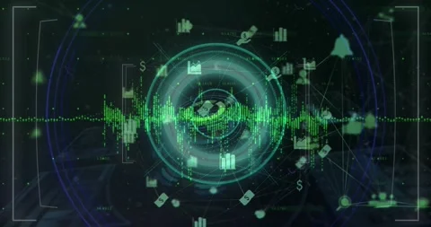 Scan starting, central HUD pulsing and rotating, waveform rising, icons Stock Footage 326994009