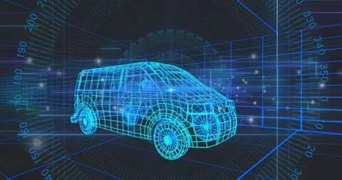 Scan starting, cyan wireframe van pulsing while radial scale rotating and grid Stock Footage 320915962