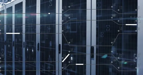 Scan starting, HUD overlay growing over rack row, pulsing lines showing data Stock Footage 320671297