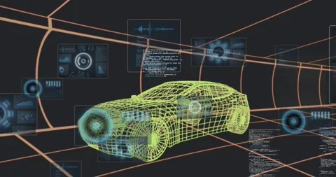 Scan starting, neon-green wireframe car getting hologram panels and pulsing Stock Footage 330159559
