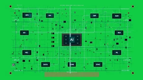 Scan sweeping AI core pulsing units lighting traces linking showing AI board on Stock Footage 337173195