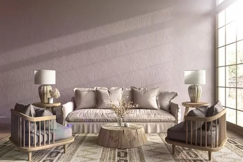 Scandi-Boho interior design with sunlight. Home mock up in purple living room 库存插图