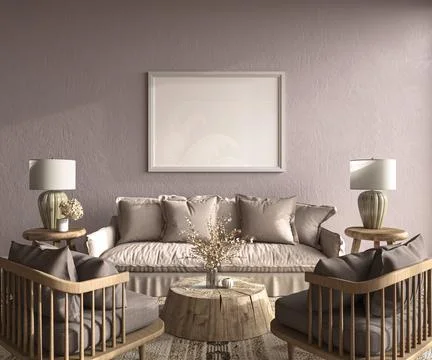 Scandi-Boho interior design with wood furniture. Poster frame mockup in purple Stock-Illustration