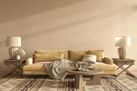 Scandi Boho lighting interior design with sunray. House mock up empty wall in Illustrazione stock