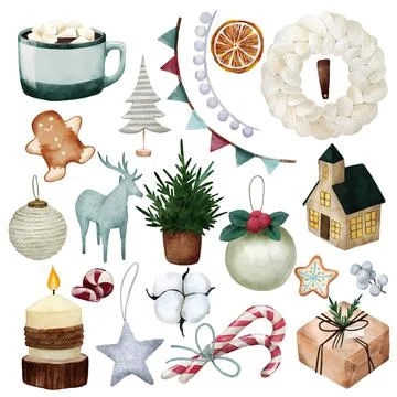 Scandi christmas elements, neutral colors. hand drawn Stock Illustration
