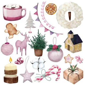 Scandi christmas elements, pink colors. hand drawn vector Illustrazione stock