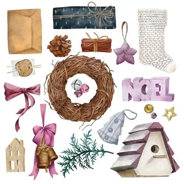 Scandi christmas elements, pink colors. hand drawn vector Stock Illustration