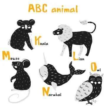 Scandi cute Animals set abc alphabet, set for kids abc elements in scandinavi Illustrazione stock