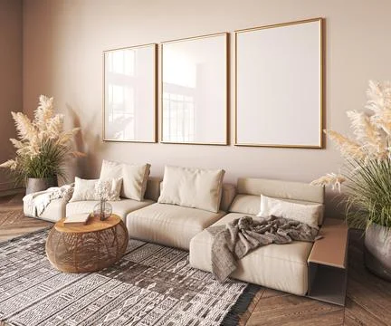Scandi interior design with beige sofa,wooden boho table and carpet in modern Stock-Illustration